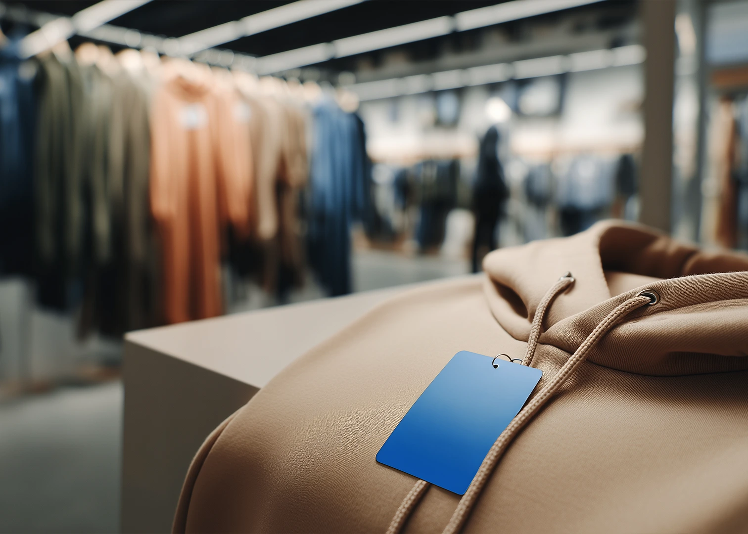 Pullover mit Etikett in Modegeschäft, Kleidung im Hintergrund – Symbolfoto für Zielgruppe Handelsgewerbe bei Wokatsch-Felber Versicherungsmakler Amstetten