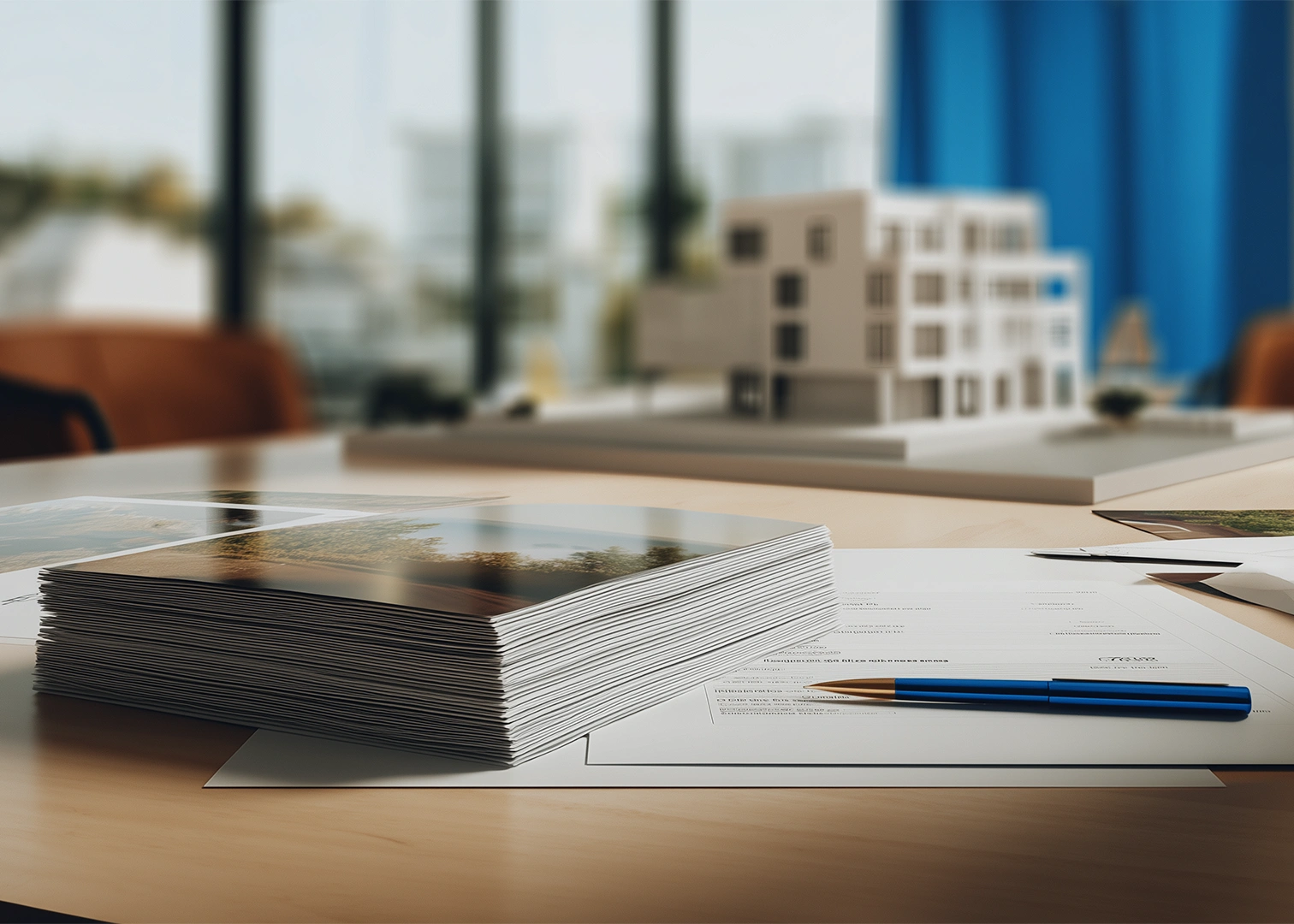 Unterlagen und Architekturmodell auf einem Schreibtisch – Symbolfoto für Zielgruppe Immobilien, Bauträger und Architekten bei Wokatsch-Felber Versicherungsmakler Amstetten
