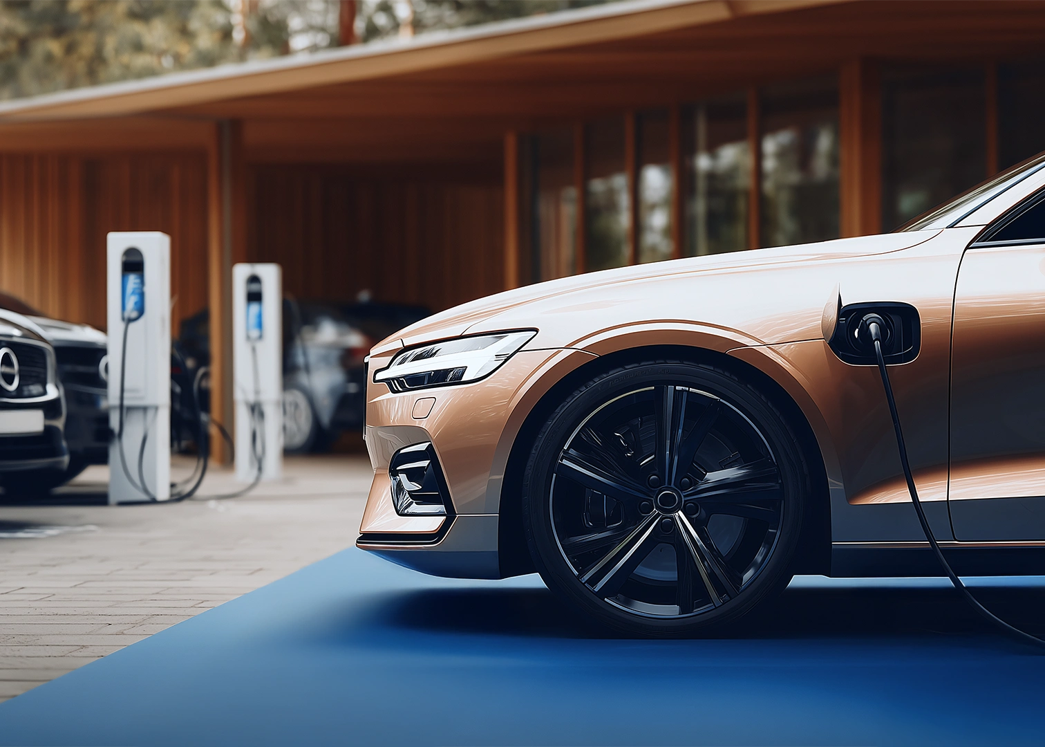 Modernes Auto an E-Ladestation mit weiteren Fahrzeugen im Hintergrund – Symbolfoto für Zielgruppe KFZ und Fuhrparkmanagement bei Wokatsch-Felber Versicherungsmakler Amstetten