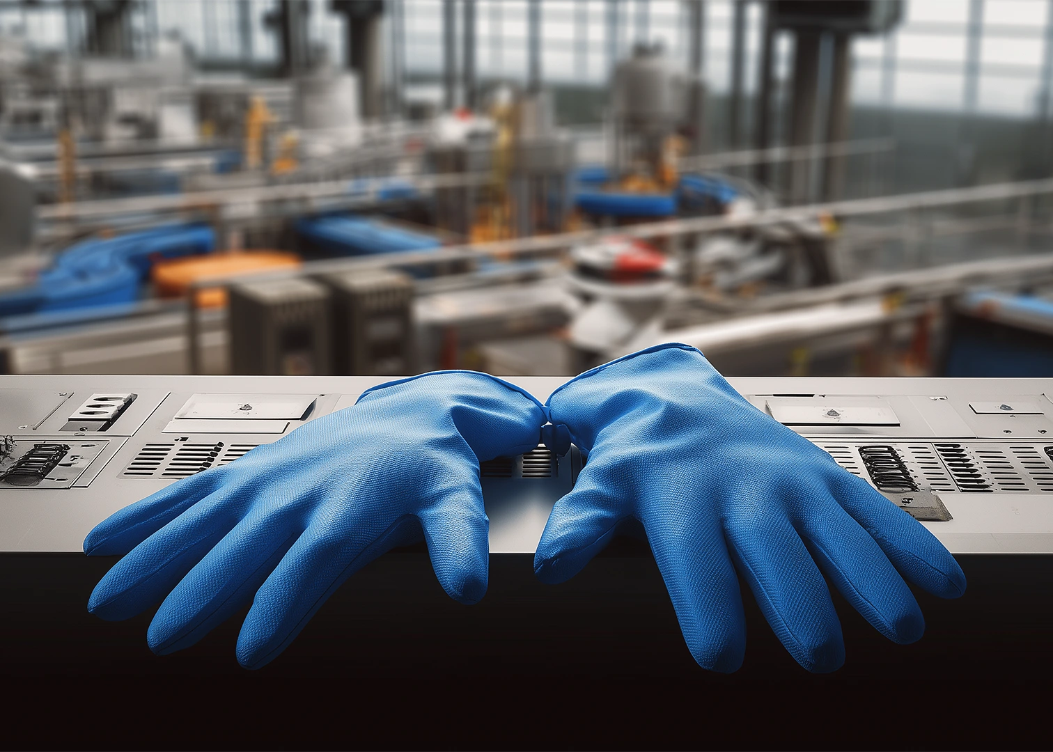 Blaue Arbeitshandschuhe auf Maschine in Produktionshalle – Symbolfoto für Zielgruppe Produktion und Industrie bei Wokatsch-Felber Versicherungsmakler Amstetten