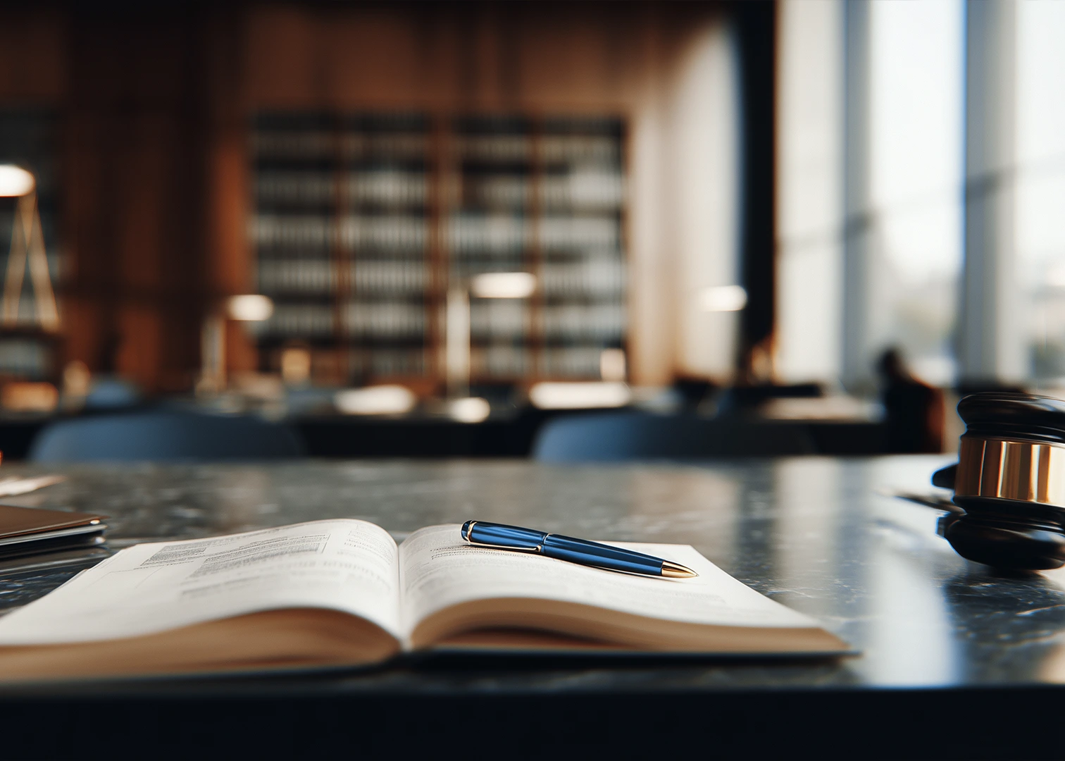 Aufgeschlagenes Gesetzbuch mit Stift und Richterhammer in Bibliothek – Symbolfoto für Zielgruppe Rechtsanwälte bei Wokatsch-Felber Versicherungsmakler Amstetten