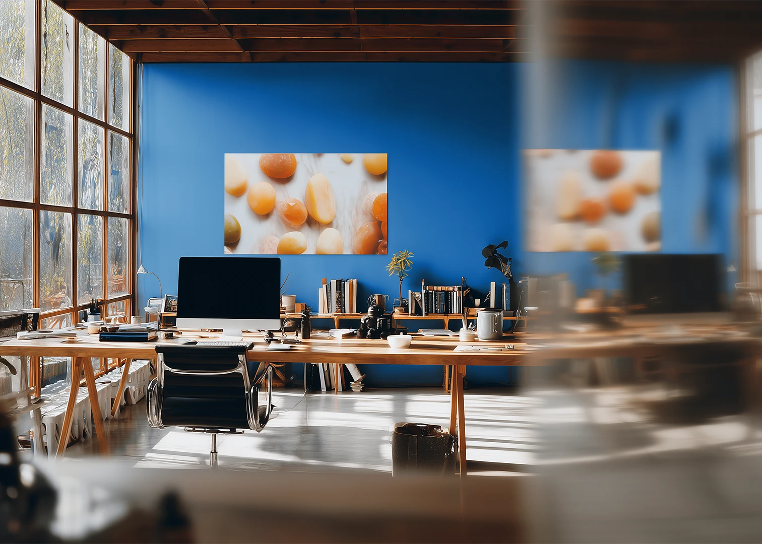 Modernes Büro mit iMac, Büchern und kreativen Elementen – Symbolfoto für Zielgruppe Werbung und Marketing bei Wokatsch-Felber Versicherungsmakler Amstetten